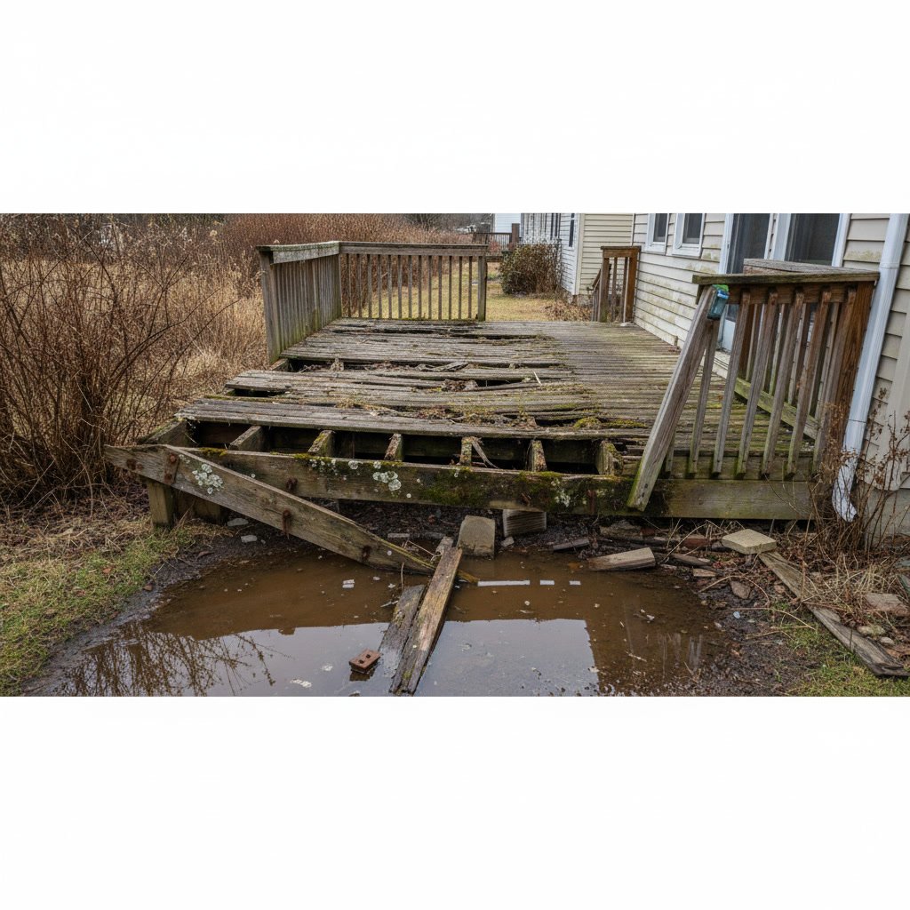 Close-up view of rotting deck boards showing decay and weathering damage