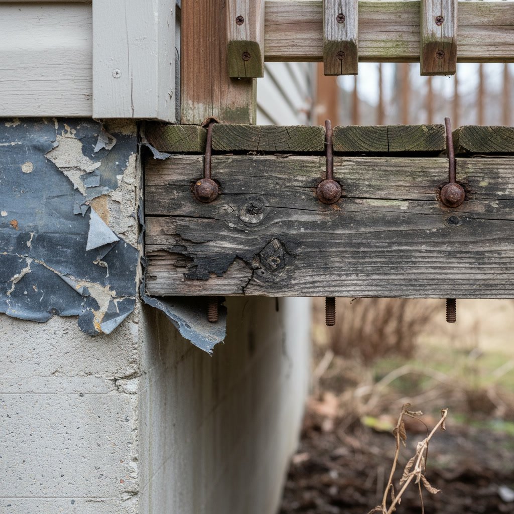 New deck ledger board installation with proper flashing and code-compliant fasteners
